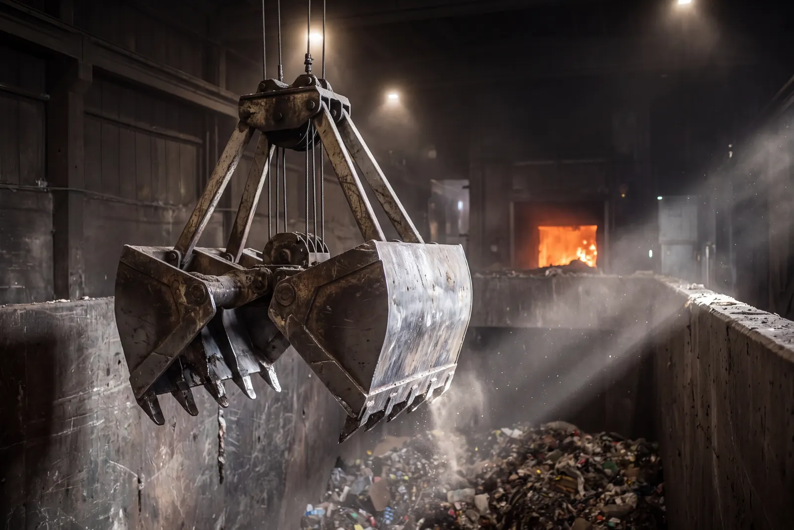 Grappin au-dessus de la fosse à déchets d’une unité de valorisation énergétique