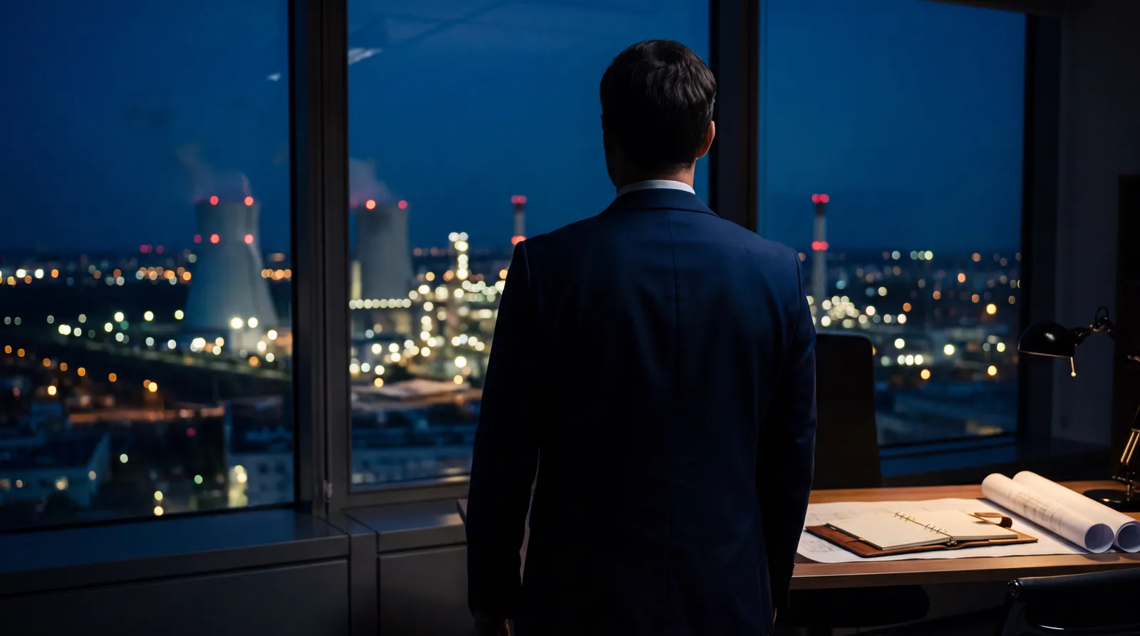 Vue d’un site industriel de nuit depuis un bureau, illustration