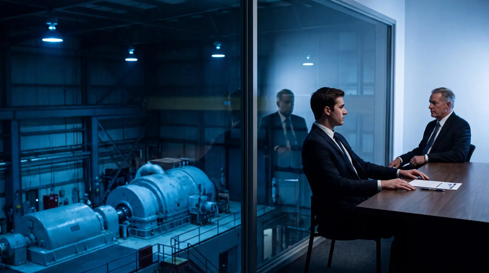 Entretien d'évaluation d'un directeur de centrale, salle des machines derrière la vitre