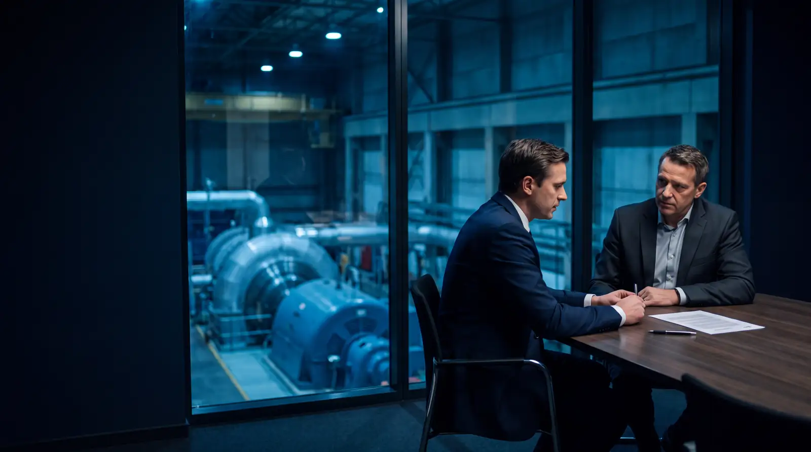 Entretien d'évaluation d'un directeur de centrale, salle des turbines derrière la vitre