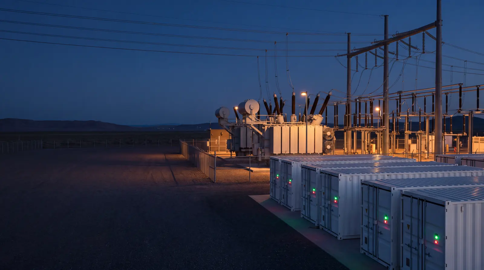 Conteneurs de stockage par batteries devant un poste électrique haute tension