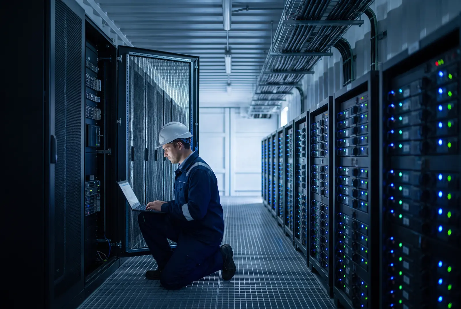 Ingénieur électricien contrôlant le système de gestion des batteries dans un conteneur de stockage