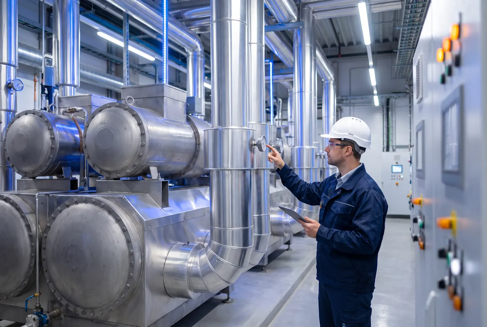 Ingénieur procédés inspectant une pompe à chaleur industrielle haute température