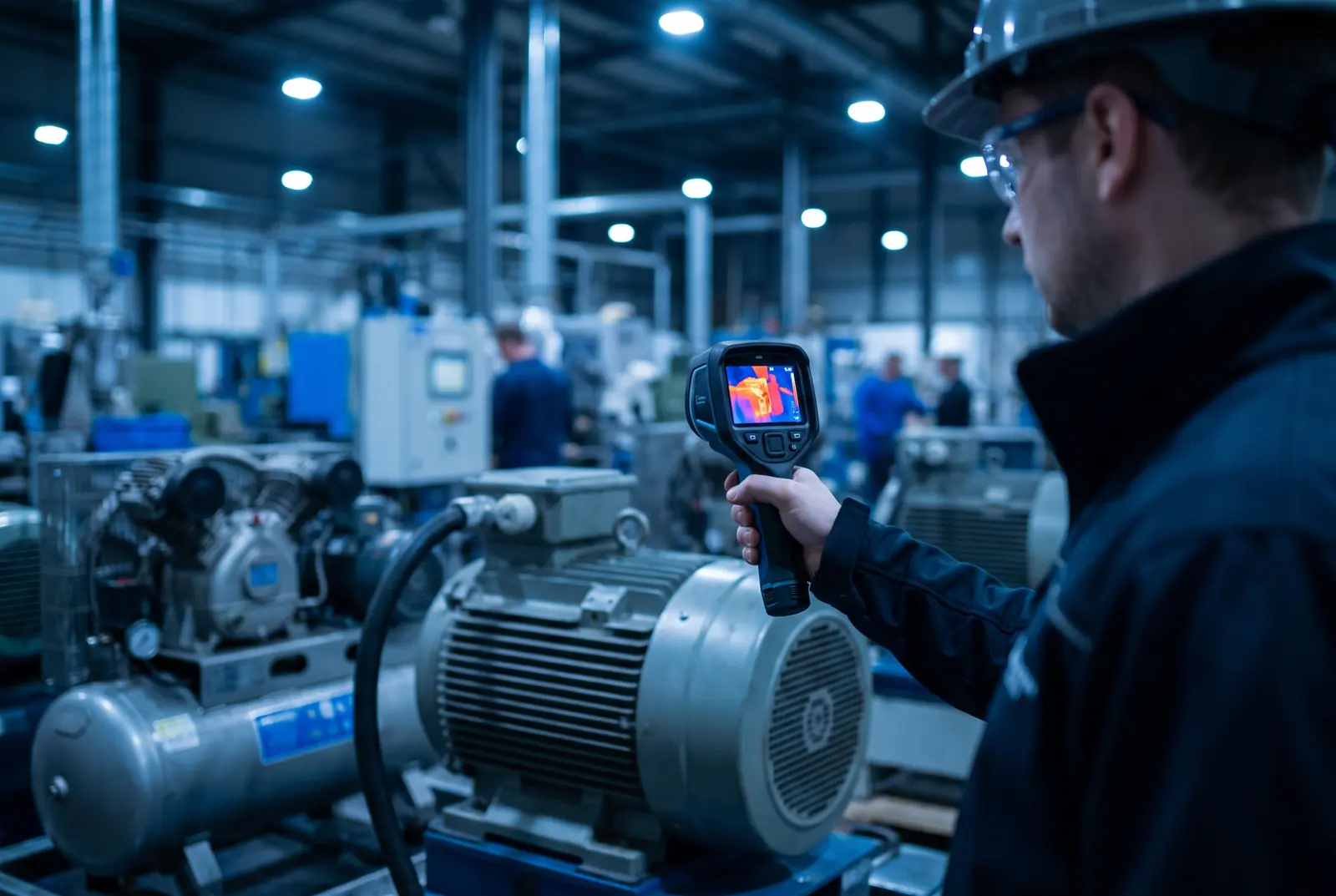 Energy manager réalisant un audit thermographique sur un moteur et un compresseur