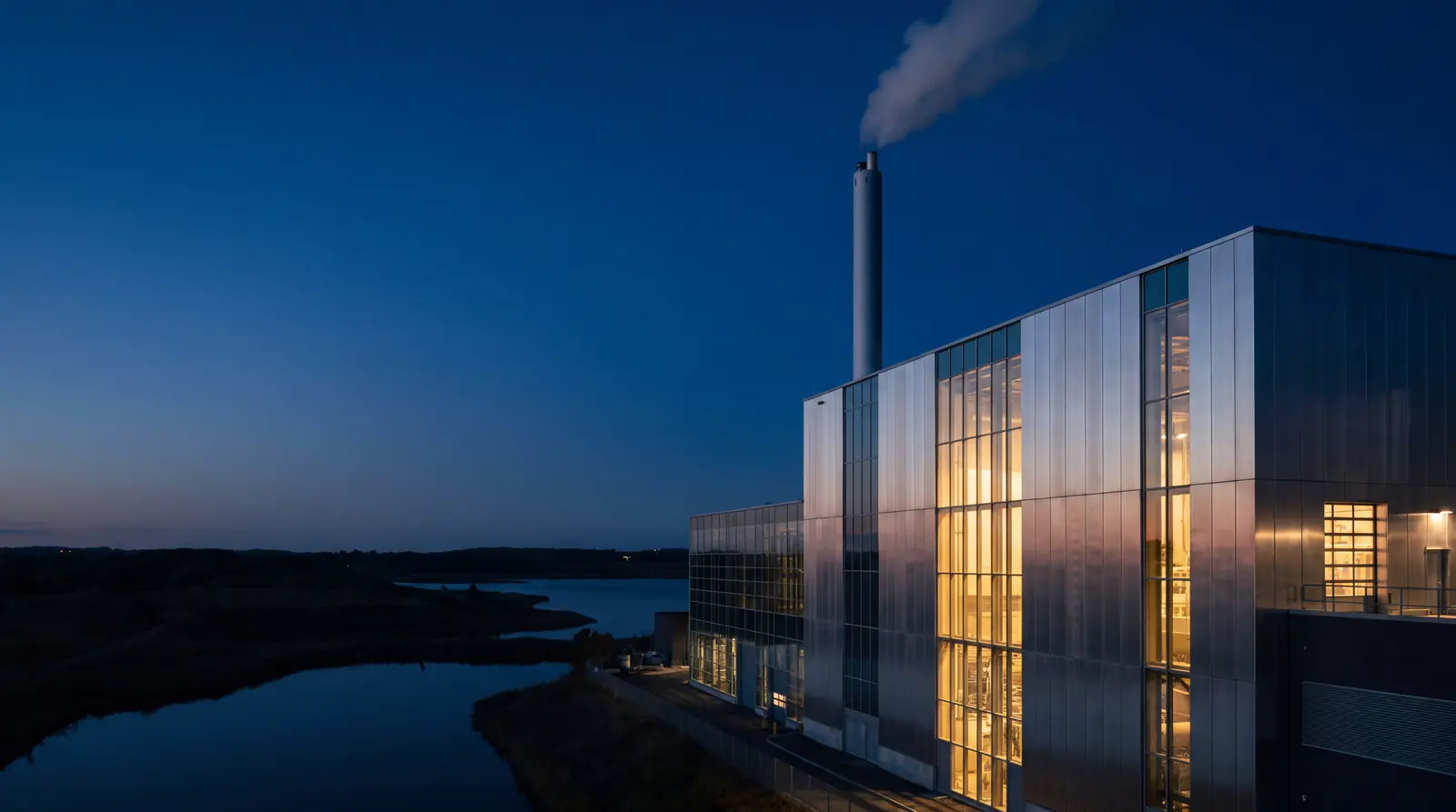 Unité de valorisation énergétique au crépuscule, au bord de l'eau