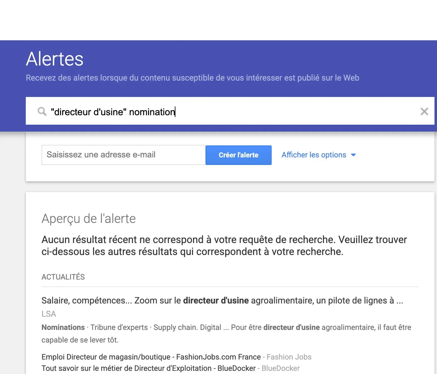 Une alerte « "directeur d’usine" nomination » et son aperçu.