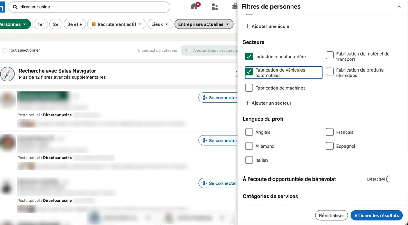 Le panneau « Tous les filtres » : secteurs, langues du profil, combinables avec Lieux et Entreprises actuelles. Identités floutées.